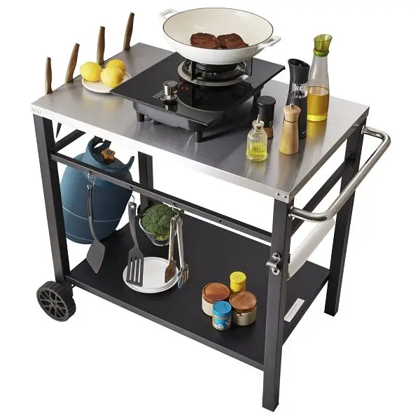 VEVOR Outdoor Grill Dining Cart Double-Shelf, Multifunctional Stainless Mild Steel Table Top, JSHWBCTC855512MJNV0