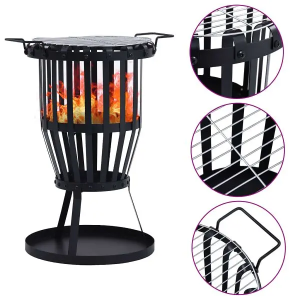 vidaXL Garden Fire Pit Binquireet BBQ Grill Spring Steel 19", Ebony colored, 47851