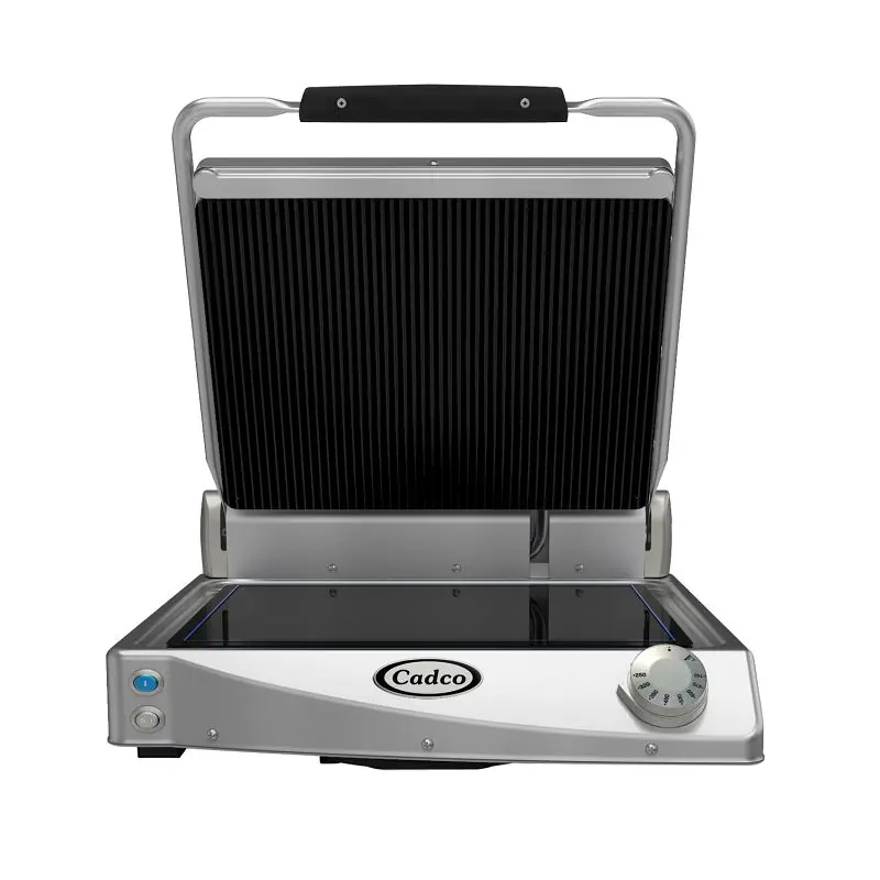 Cadco Jumbo Single Panini Grill, Glass Ceramic, Black Ribbed Top Plate, CPG-15