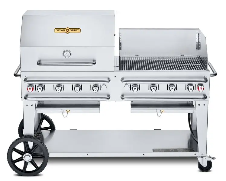 Crown Fade-Resistant Verity 60" Rental Grill, Single Inlet Bulk Propane, 30” Roll Dome, Bun Rack and Windguard, CV-...