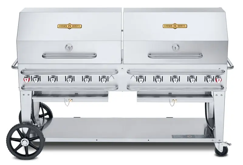 Crown Optimized Verity 72" Rental Grill, Single Inlet Bulk Propane, 2-36” Spool Domes and Bun Rack, CV-RCB-72RDP-SI...