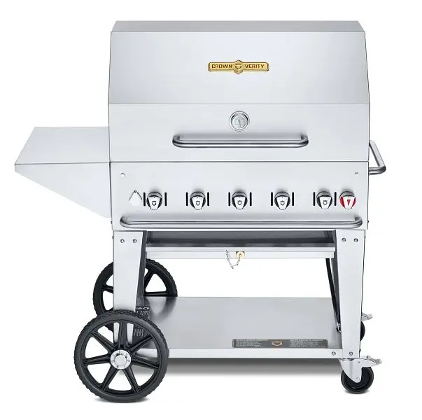 Crown Top-Quality Verity 36" Mobile Grill, Natural Gas Roll Dome, Removeable End Shelves, Adjustable Bun Rack and 36&...