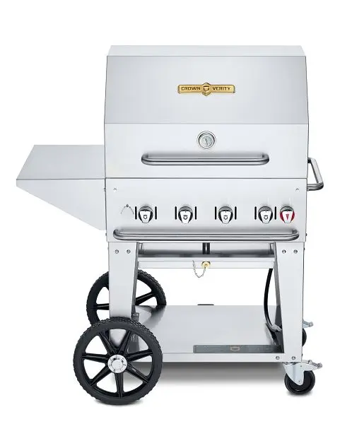Crown Verity 30" Mobile Grill, Bare Gas Spool Dome, Removeable End Shelves, Adjustable Bun Rack and 30" BBQ Cove...