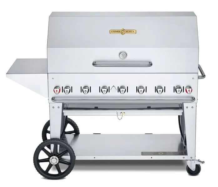 Crown Verity 48" Mobile Grill, Natural Gas Coil Dome, Removeable End Shelves, Adjustable Bun Rack and 48" BBQ Co...