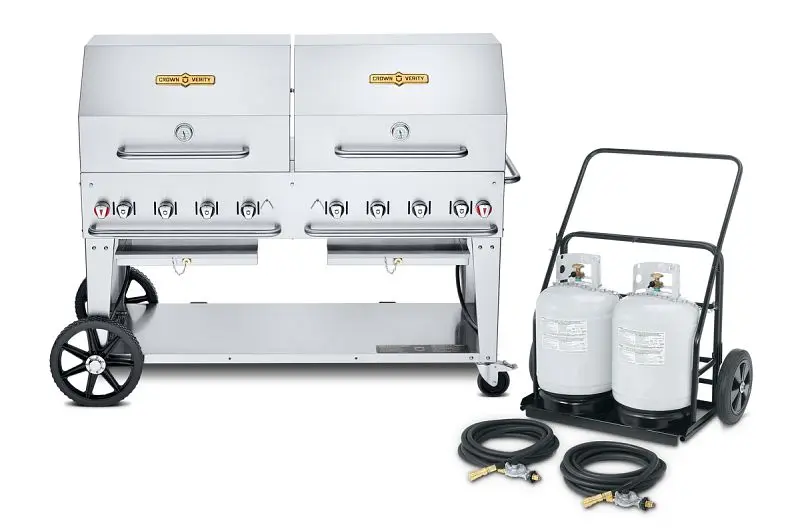Crown Verity 60" Mobile Grill, Propane (Remote Propane Cart, 2 Tanks) 2x Coil Domes and Bun Racks, CV-MCC-60RDP