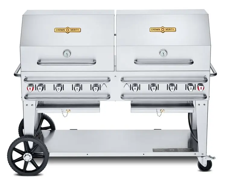 Crown Weatherproof Verity 60" Rental Grill, Single Inlet Bulk Propane, 2-30” Coil Domes and Bun Racks, CV-RCB-60RDP...