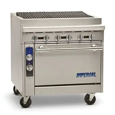 Imperial Heavy Duty Range, gas, 36"W, charbroiler, cast iron radiants, open cabinet base, IHR-RB-XB