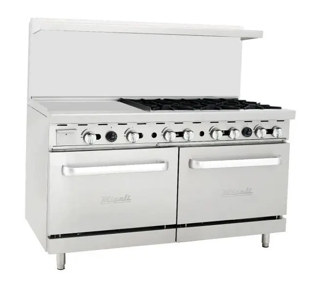 Migali 6 Burner Range, 24” Griddle Left Side, 2x Ovens, Liquid Propane, 60.2"x31"x56.4" (WxDxH), Lift Gat...
