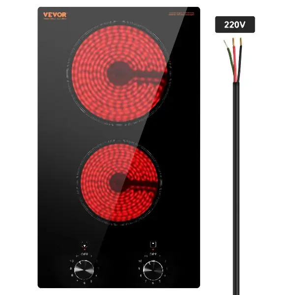 VEVOR Constructed- Electric Cooktop Radiant Ceramic Cooktop 2 Burners 20.1x11.6 inch, 220-240V, QRSDTL3000WH3EOS9V4