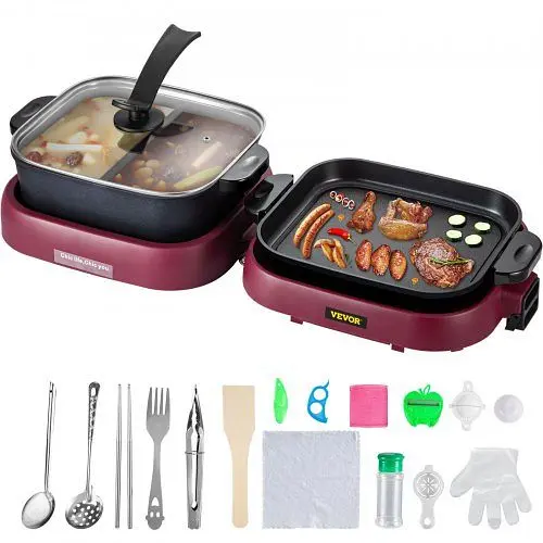 VEVOR 2 1 Electric BBQ Pan Grill Hot Pot Foldable Hot Pot BBQ Grill 2100W, KZDHGM2KW110V351LV1