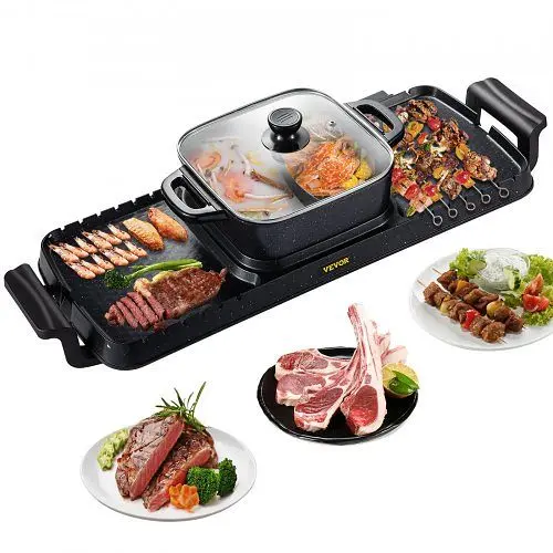 VEVOR 2 1 Electric BBQ Pan Grill Hot Pot Travel-friendly Hot Pot BBQ Grill 2400W, FTSJ2200W110VXOZEV1