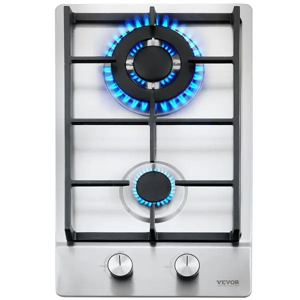 VEVOR Gas Cooktop 12 inch, Max 12250BTU 2 Burners Constructed- Wood Stainless Spring Steel Gas Stove Top, TMRQZQRSET30CYGSCV5