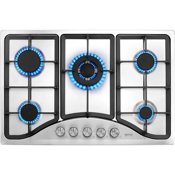 VEVOR Gas Cooktop 30 inch, Max 12250BTU 5 Burners Constructed- Stainless Steel Gas Stove Top, T76CM39000BTU8N7MV5