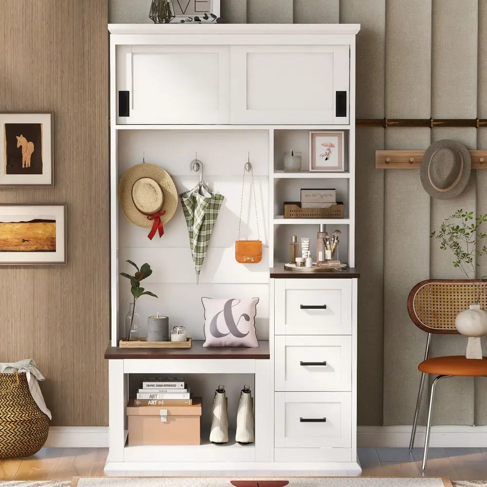 Modern Wide Hall Tree Coat Rack, 3 Shelves And Drawers, 3 Sturdy Hooks