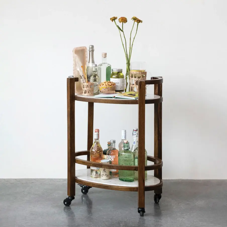 Industrial Style Mango Wood & Marble 2-Tier Bar Cart