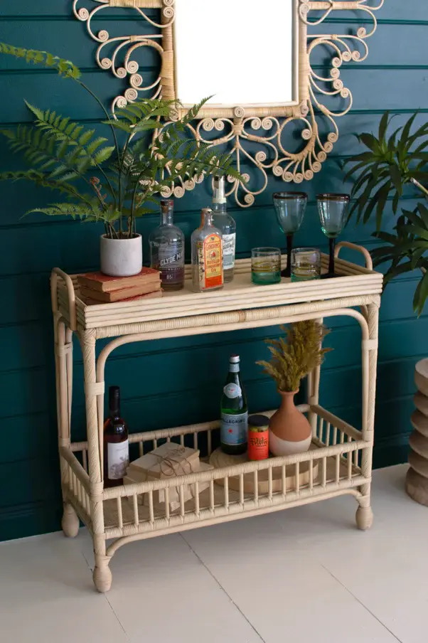 Rustic Wood Woven Cane Boho Bar Cart / Tray Table