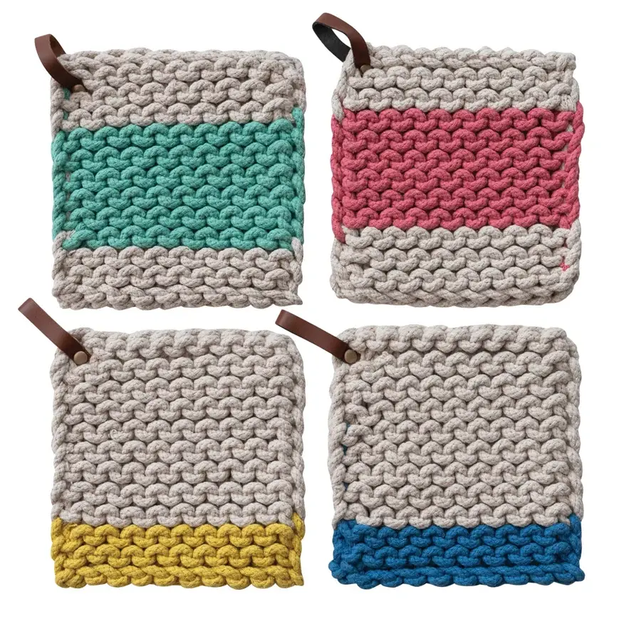 Cotton Crocheted Pot Holder Leather Loop, 4 Colors