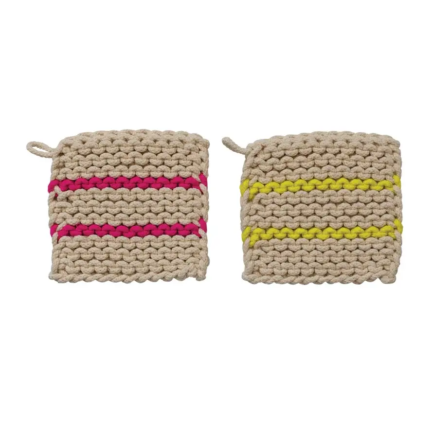 Cotton Crocheted Pot Holders w/ Neon Stripes