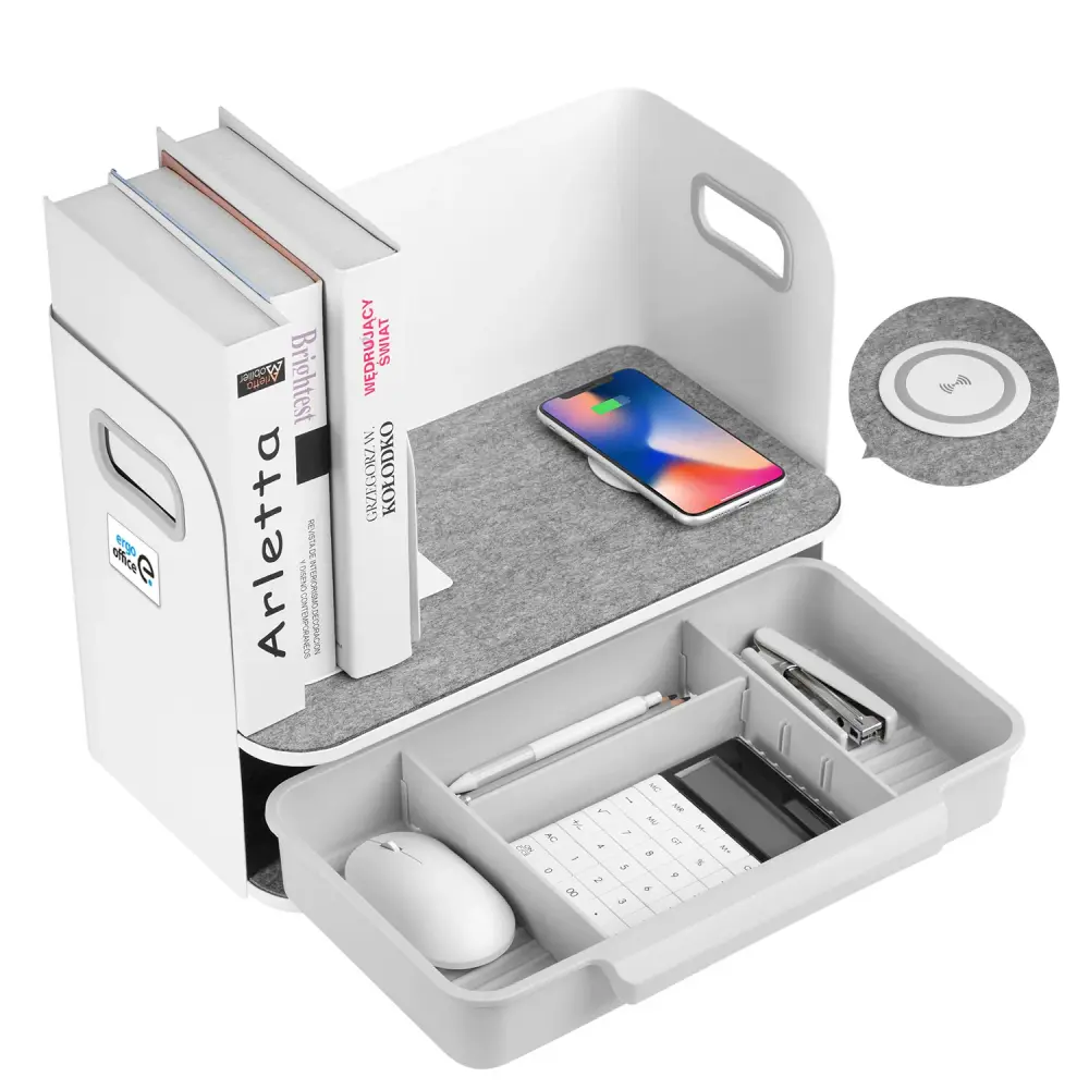 Desk Organizer No wires Qi Charging Shelf Drawer Bookend Home Office Tray Up to 10kg