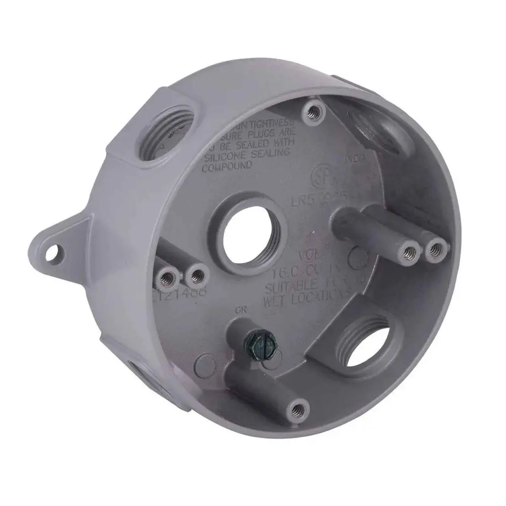 Weatherproof Round Steel Box 5 Threaded Outlets 1/2'', 1/2" Deep (Grey)