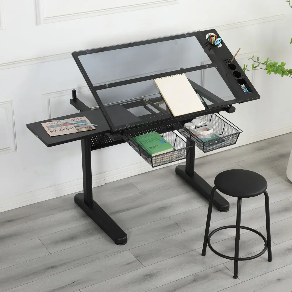 Hand Crank Customizable Drafting Table Drawing Desk 2 Metal Drawers Stool | Adjustable Height |
