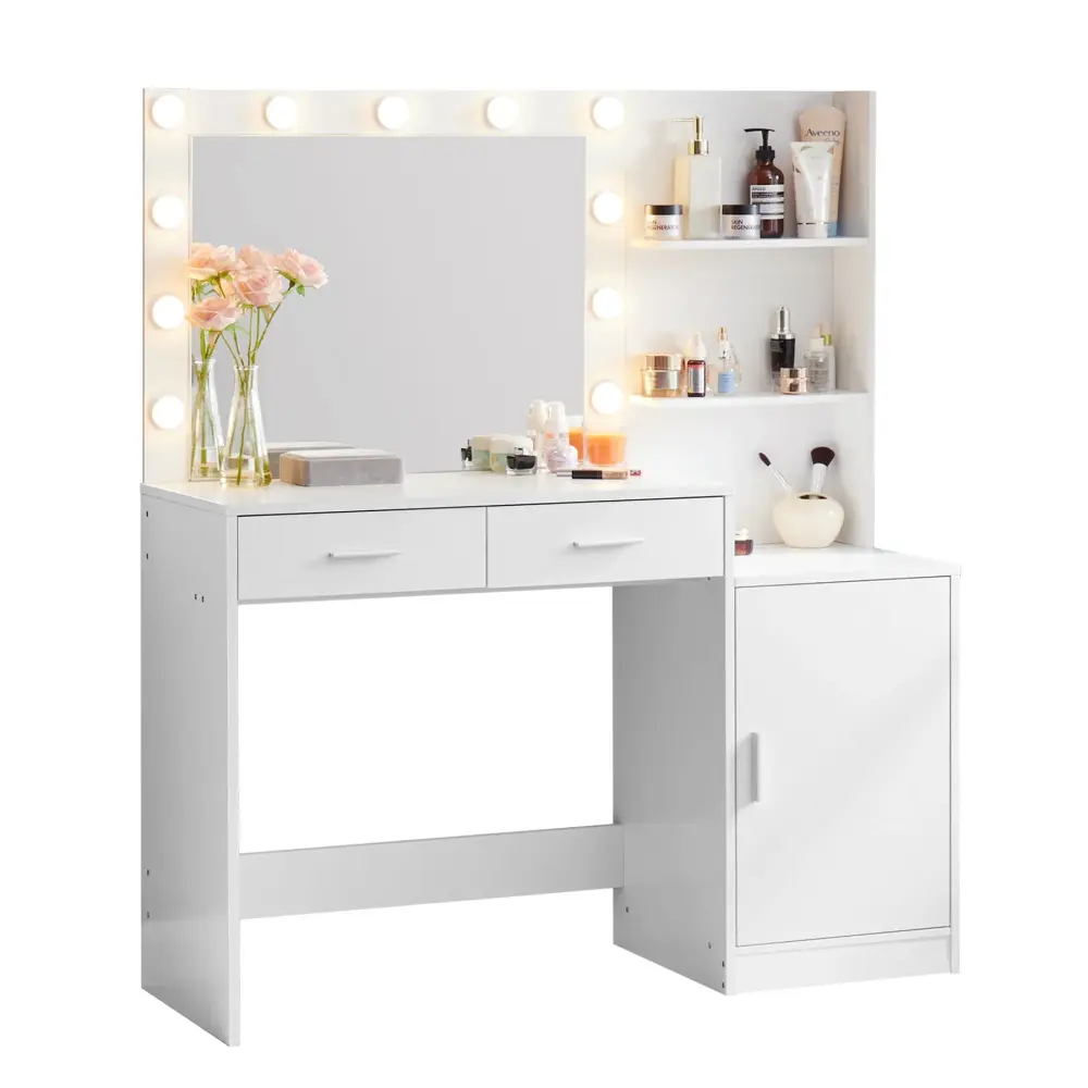 Vanity Desk Mirror And Lights, 46.4In Dressing Table 2 Large Drawer & Large Vertical Organizer, 3 Level Dresser & 3 Lighti...