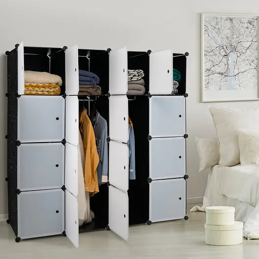 Costway 16-Cube Storage Arranger 16 Doors and 2 Hanging Rods, Onyx, JZ10058DK