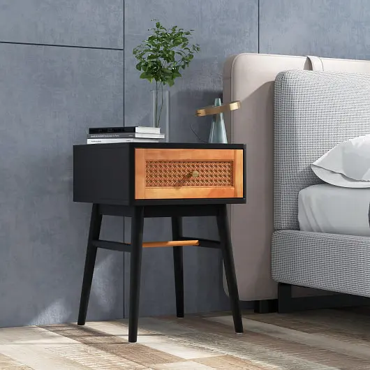 Costway 1-Drawer Modern Bedside Table Solid Wood Legs, Carbon Black, JV10804BK