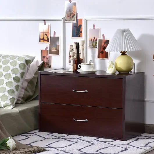 Costway 2-Drawer Dresser Horiztonal Arranger End Table Nightstand Handle Wood, Brown, HW66593BN