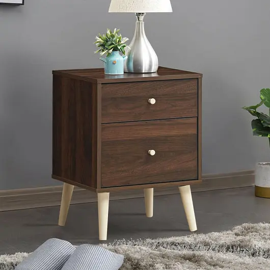 Costway 2-Drawer Nightstand Beside End Side Table Rubber Legs, Brown, HW63446CF