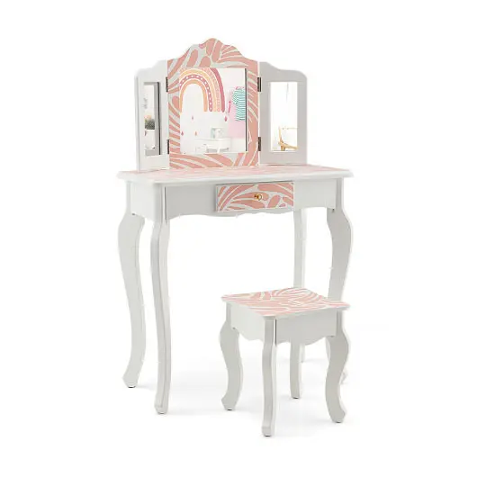 Costway 2--1 Kids Vanity Table Set Tri-folding Mirror, Thread Formerer Pink, HY10067US-PI