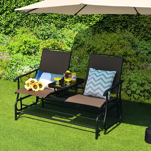 Costway 2-Person Double Rocking Loveseat Mesh Fabric and Center Tempered Glass Table, Brown, OP70357CF