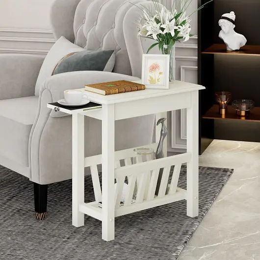 Costway 2-Tier End Table Pull-out Tray and Solid Silicone Rubber Wood Legs, White, JV10539WH