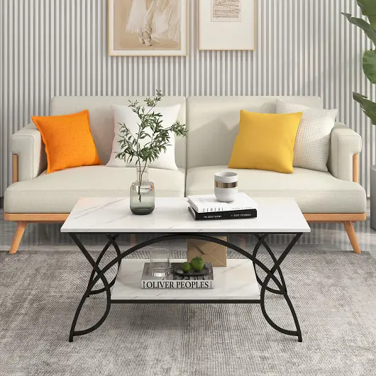 Costway 2-Tier Faux Marble Coffee Table Marble Top and Metal Frame, Black & White, HV10267MB