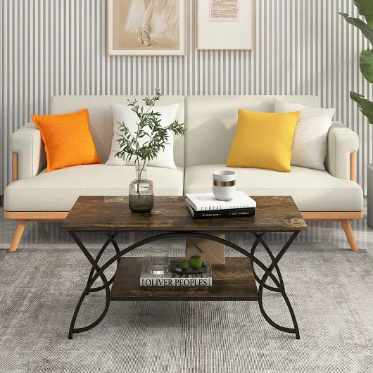 Costway 2-Tier Faux Marble Coffee Table Marble Top and Metal Frame, Dark Bronze, HV10267DK