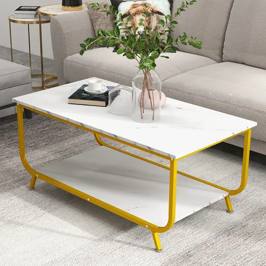 Costway 2-Tier Faux Marble Top Rectangular Coffee Table Metal Frame, Snow White, HV10459WH