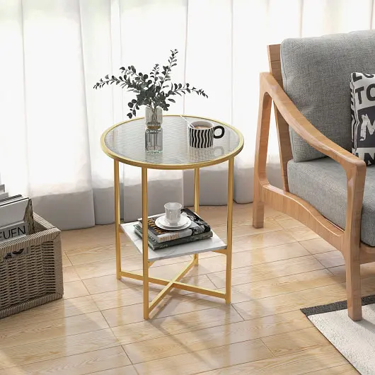 Costway 2-Tier Glass End Table Set 2 Faux Marble Storage Shelf, Ivory, JV11214WH-2