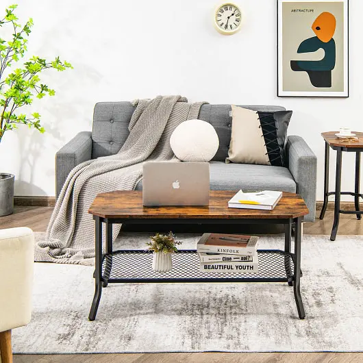 Costway 2-Tier Industrial Coffee Table Open Mesh Storage Shelf Living Room, Rustic Brown, HV10175CF