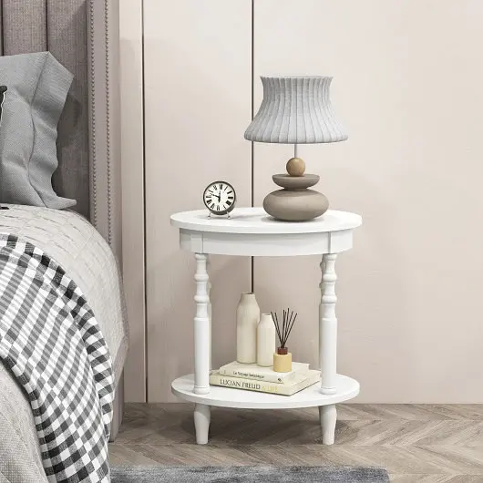 Costway 2-Tier Oval Side Table Storage Shelf and Solid Wood Legs, White, JV11157WH