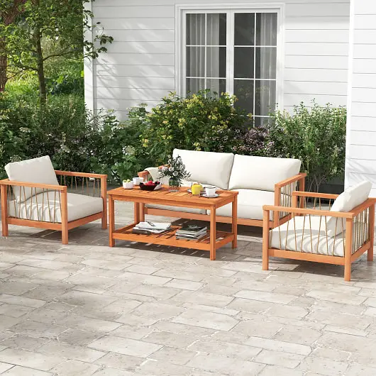Costway 2-Tier Patio Coffee Table Slatted Tabletop and Shelf, JV11107