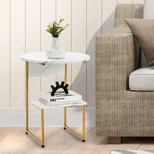 Costway 2-Tier Round End Beside Table Metal Frame, Pure White, JV10486WH
