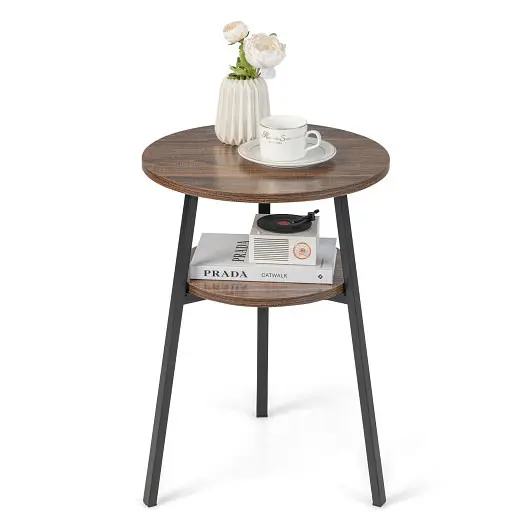 Costway 2-Tier Round End Table Open Shelf and Triangular Metal Frame, Bronze, JV10806CF