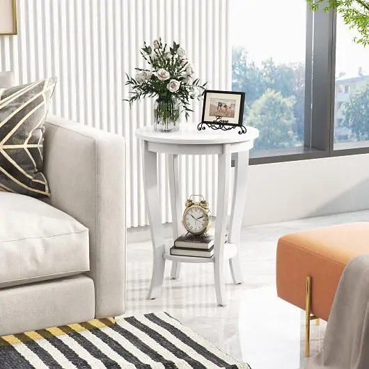 Costway 2-tier Round End Table Solid Wood Legs, Bright White, JV11155WH