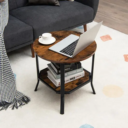 Costway 2-Tier Round End Table Storage Shelf Living Room, Tan, HV10165CF
