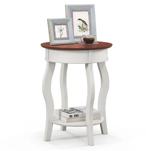 Costway 2-Tier Round End Table Storage Shelf and Solid Synthetic Rubber Wood Legs, Walnut & Off-White, JV11599WH