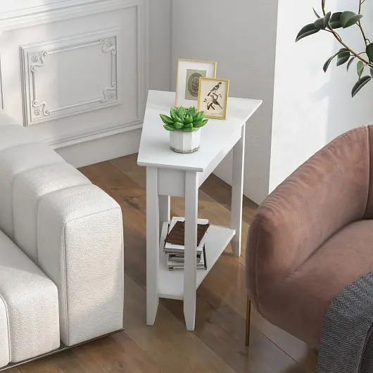 Costway 2-Tier Wedge Narrow End Table Storage Shelf and Solid Wood Legs, Pure White, JV11153WH