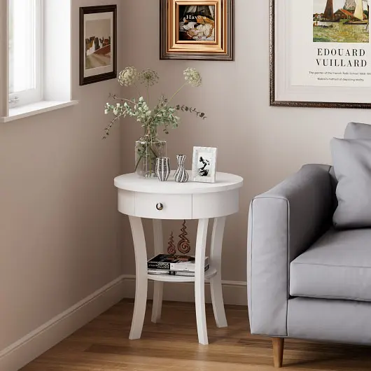 Costway 2-Tier Wood Round End Table Open Drawer, Bright White, JV10705WH