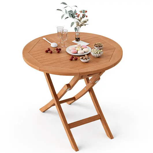 Costway 31.5 Inch Folding Patio Teak Wood Round Coffee Table, OP71186
