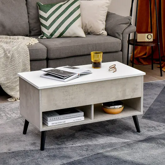 Costway 31.5 Inch Lift Top Coffee Table Hidden Compartment and 2 Storage Shelves, Gray, JV10207GR