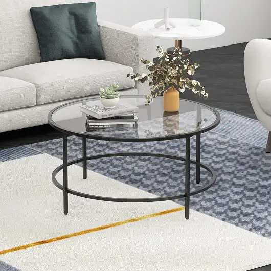 Costway 35.5 Inch Round Coffee Table Tempered Glass Tabletop, Black, HV10418DK